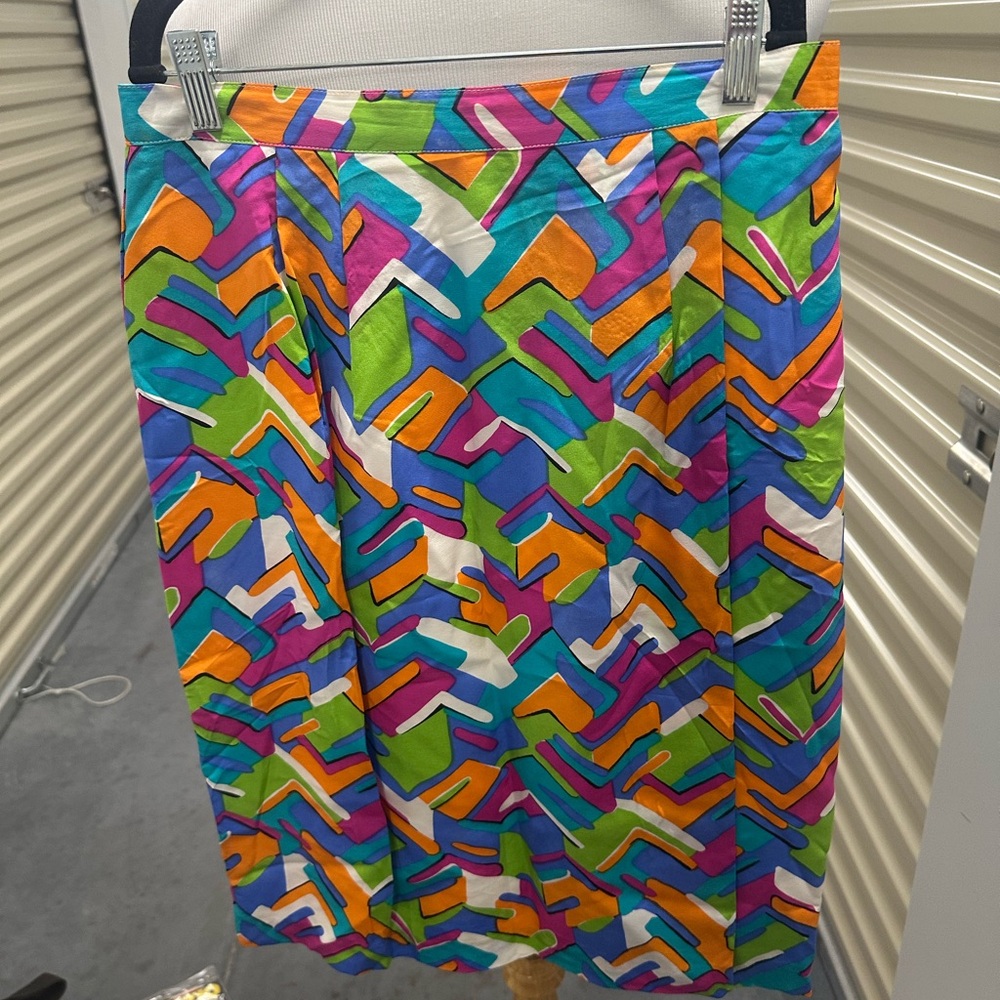Vibrant Silk Multicolor Geometric Pencil Skirt 90’s Abstract Colorful